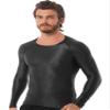 Linjinx Men's Shiny Long Sleeve Tights Tee Sportswear Gym Suit Transparent Compression T Shirt Black Large view 3