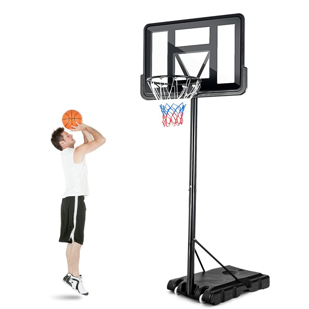 GYMAX Basketball Hoop Outdoor, 4.25 Ft to 10 Ft Adjustable Basketball Goal with 44'' Backboard & 18'' Rim, All Weather Portable Basketball Stand w/Wheels, for Youth Adult, Gym, Driveway, Court