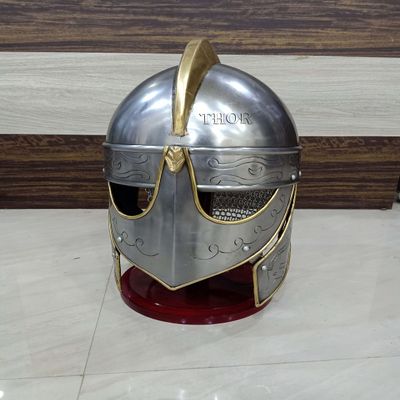 THOR INSTRUMENTS Medieval Metal Knight Helmets Viking Valas Guard Wolf Armor Helmet Silver Finish | Wearable for Adult | Medieval Costumes Chainmail With Stand Rustic Vintage Home Decor Gifts