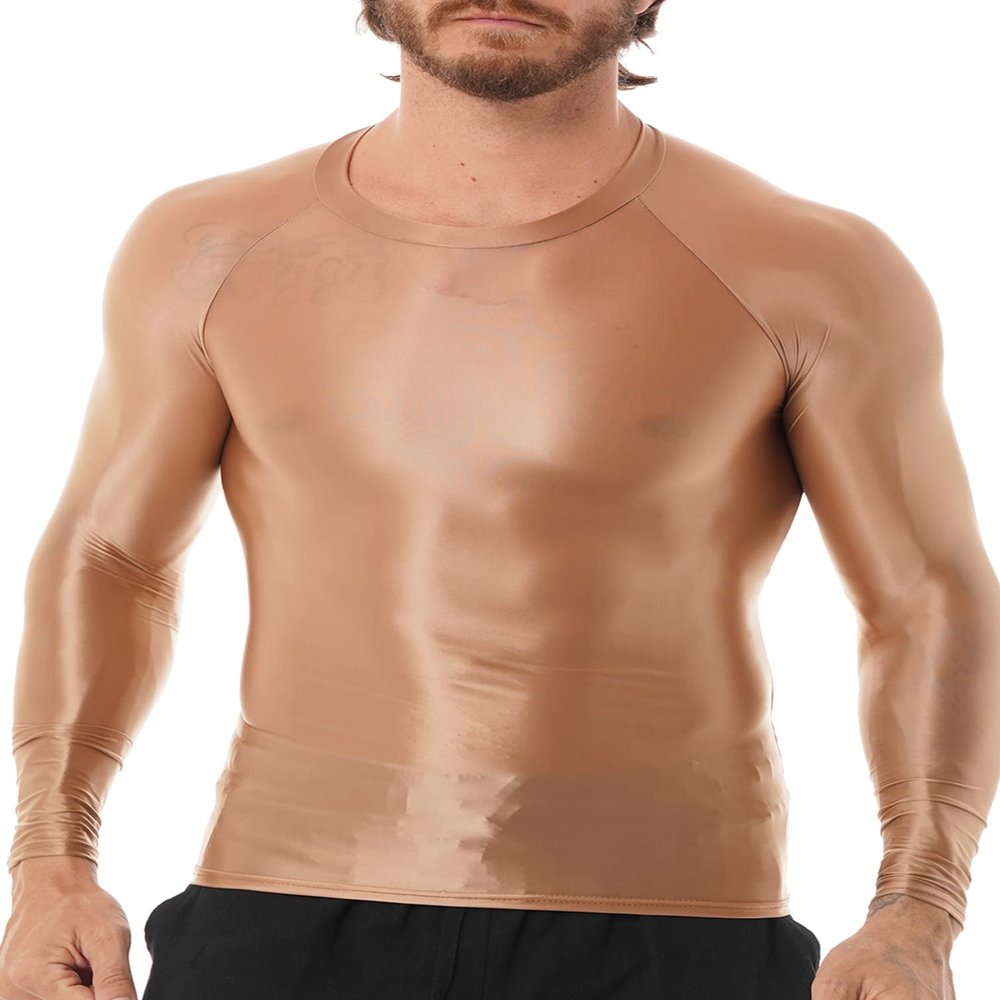 Linjinx Men's Shiny Long Sleeve Tights Tee Sportswear Gym Suit Transparent Compression T Shirt Coffee Medium