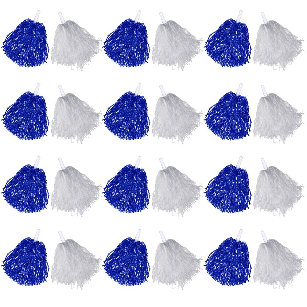 Chivao 24 Pcs Cheerleading Pom Poms, Metallic Foil Handle Cheer Squad Team Spirited Fun for Party, Sports Dance Cheer, 30 Grams Weight Each(Blue, White)