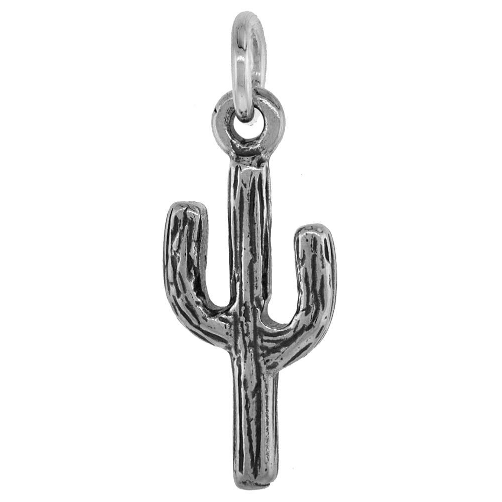 7/8 inch Sterling Silver Arizona Saguaro Cactus Necklace Diamond-Cut Oxidized finish 24 inch BX_15