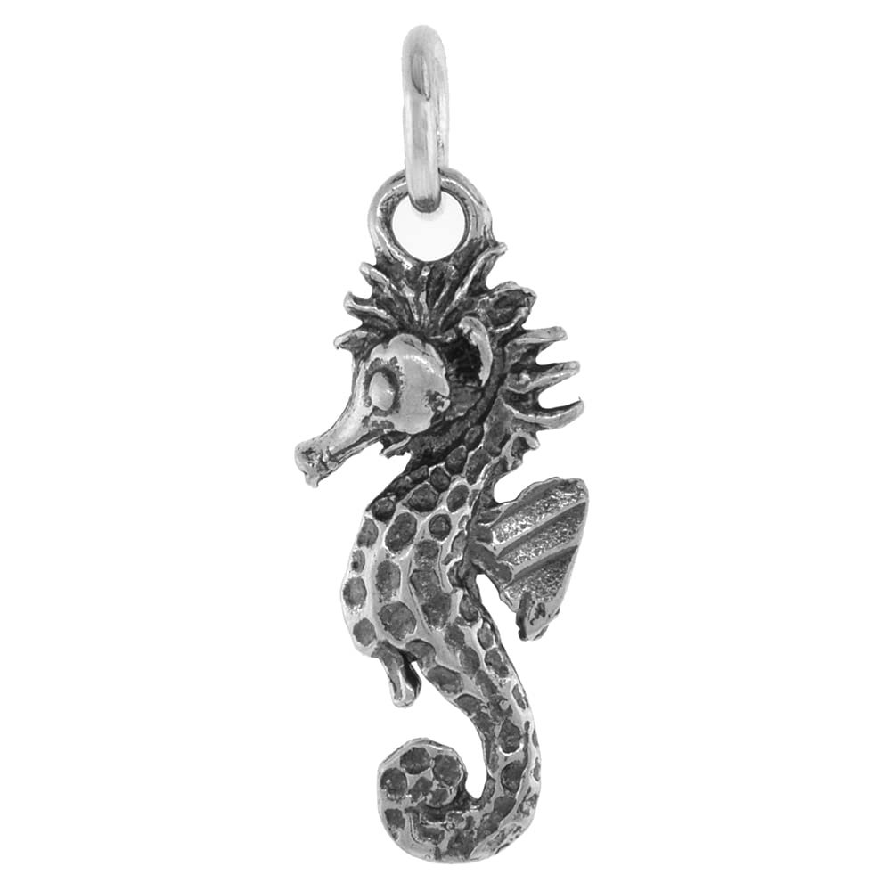 7/8 inch Sterling Silver Seahorse Necklace Diamond-Cut Oxidized finish 24 inch BX_15