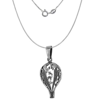 1 1/4 inch Sterling Silver Hot Air Balloon Necklace Diamond-Cut Oxidized finish 16 inch BX_15