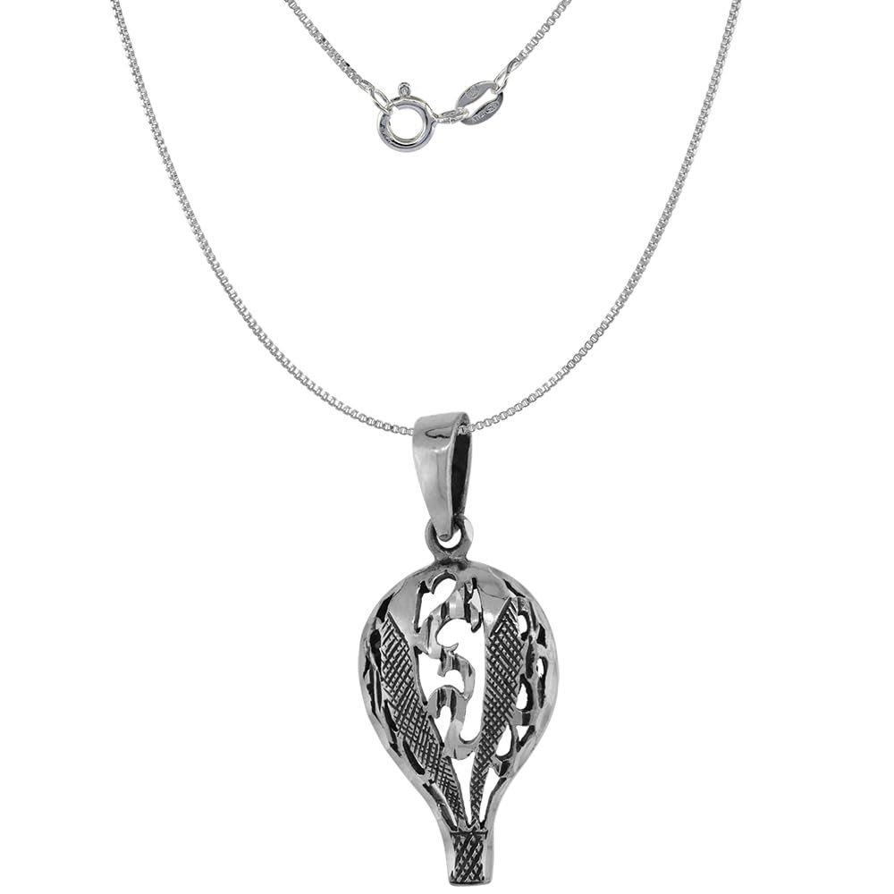 1 1/4 inch Sterling Silver Hot Air Balloon Necklace Diamond-Cut Oxidized finish 16 inch BX_15
