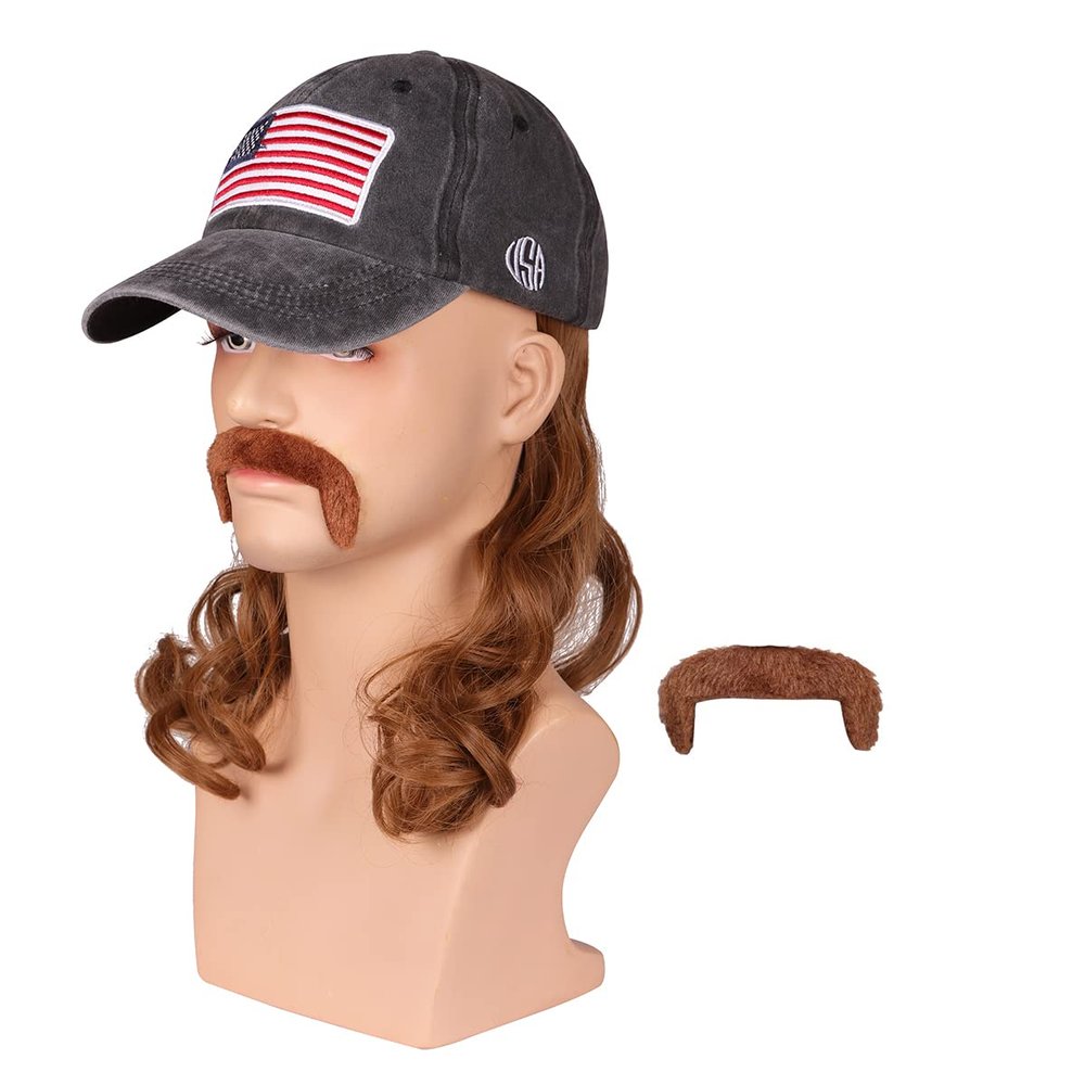 FantaLook Medium Brown Wavy 80s Mullet Hat Wig with Mustache for 4th of July Party and Halloween