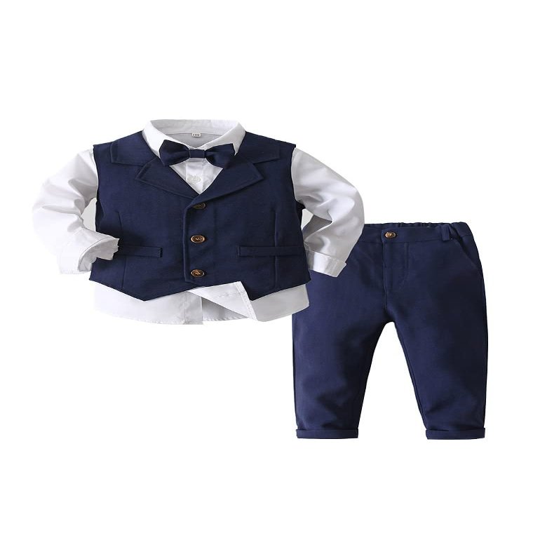 Abolai Baby Boys' 3 Piece Vest Set with White Shirt,Vest and Pant (Blue, 18-24 Months)
