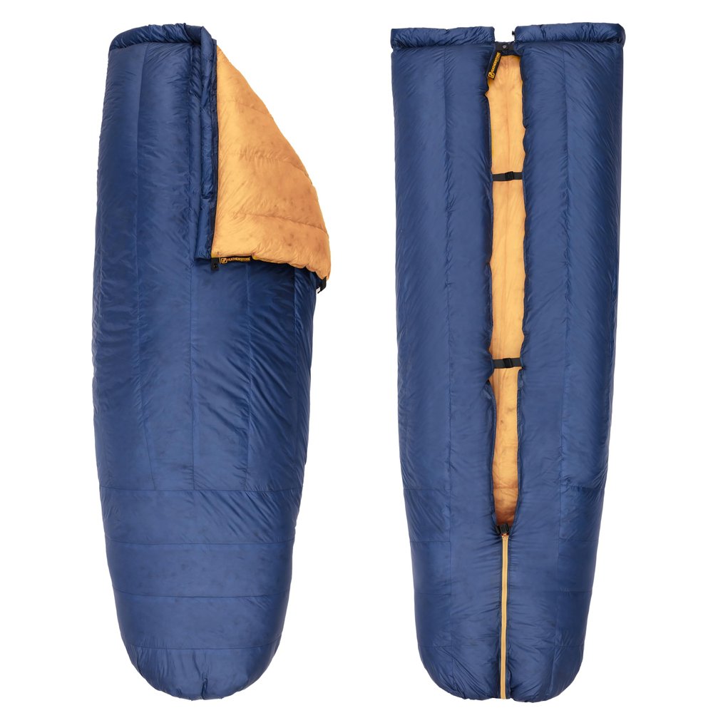 Featherstone Moondance 25 850 Fill Power Down Top Quilt Mummy Sleeping Bag Alternative for Ultralight Backpacking Camping and Thru-Hiking Color: Navy/Marigold Size: Regular/Regular