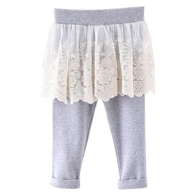 Alvivi Baby Girls Leggings with Floral Lace Mesh Skirt Toddler Fake Two-Piece Footless Tights Pants Grey 4-5 Years