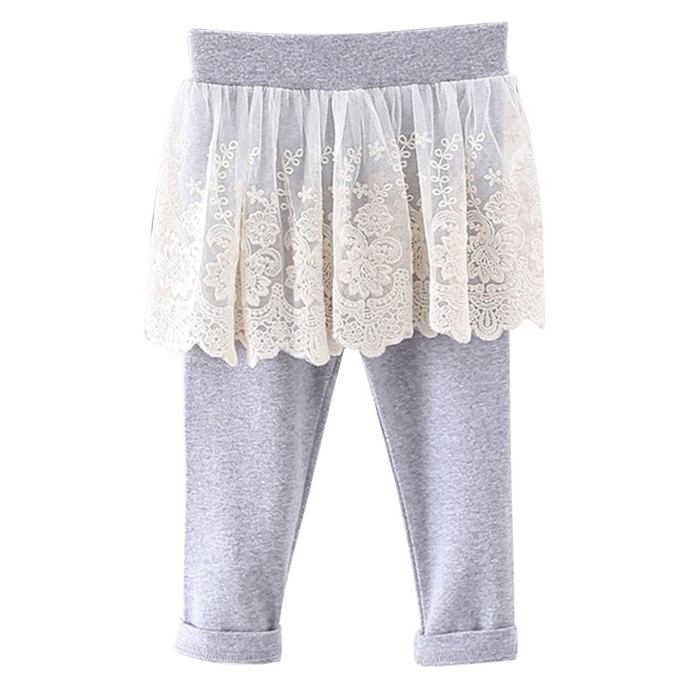 Alvivi Baby Girls Leggings with Floral Lace Mesh Skirt Toddler Fake Two-Piece Footless Tights Pants Grey 4-5 Years