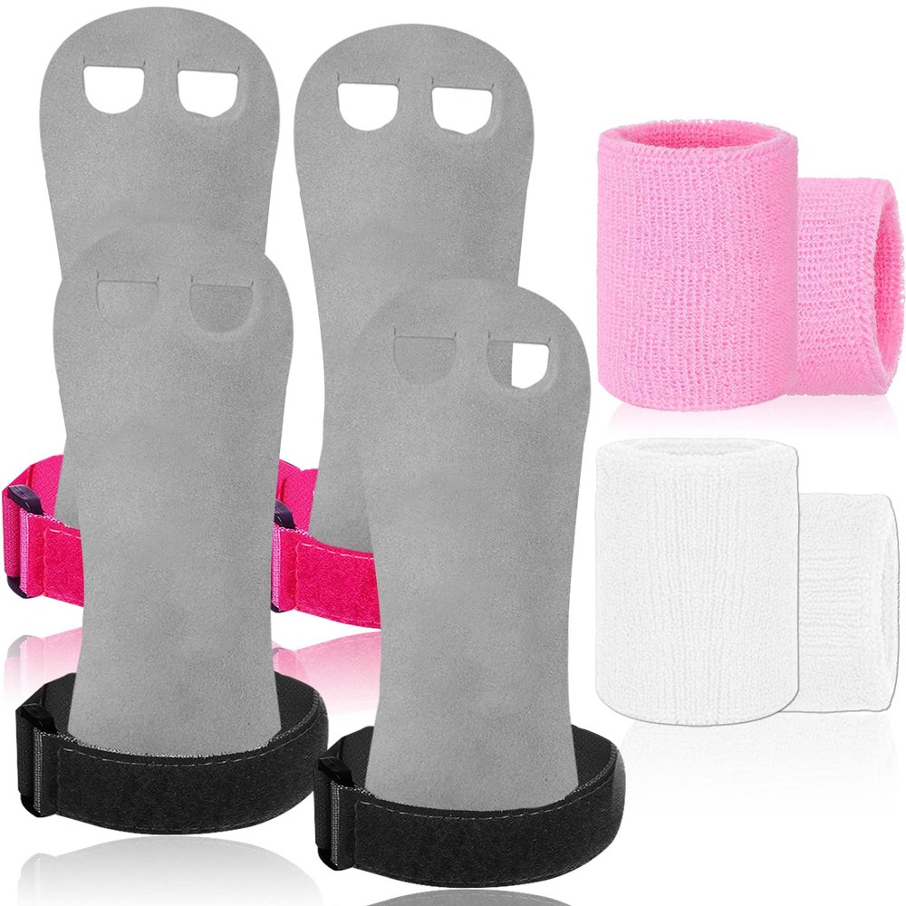 Amrta Gymnastics Grips Wristbands Sets for Girls Youth Kids 2 Pair Palm Protection Equipment with Wrist Support, Gymnastic Bar Grip Gloves Set Weightlifting Sports Workout (M, Pink-Black)