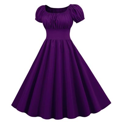 Party 50s Retro Short Swing Neck 60s Summer Sleeve Dress Vintage Women Women's Dress Fashion Women Casual (Purple, M)