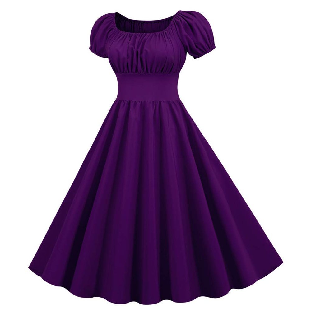 Party 50s Retro Short Swing Neck 60s Summer Sleeve Dress Vintage Women Women's Dress Fashion Women Casual (Purple, M)