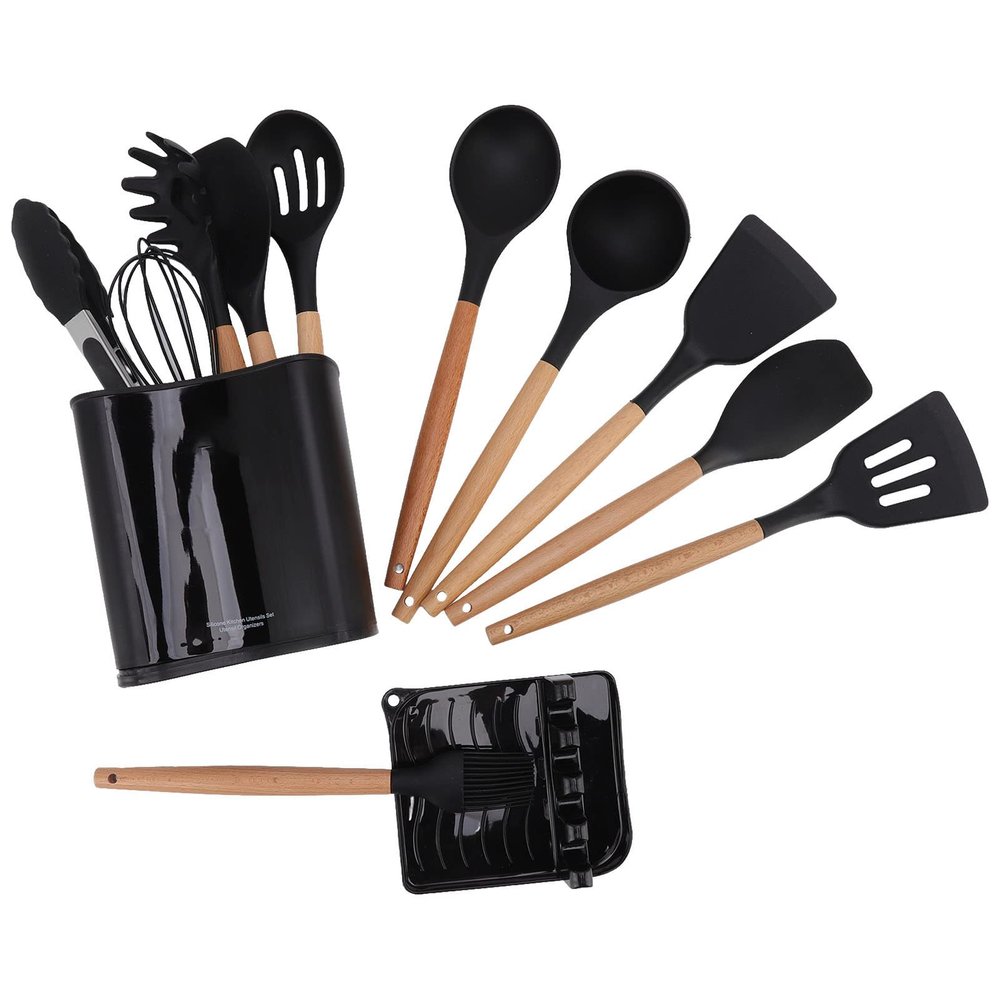 CHICIRIS 13pcs Camping Cookware Set Heat Wooden Handle Black Picnic Cookware Kit with Rack Storage Box Camping, Backpacking