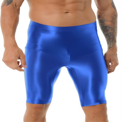 Hedmy Men's Glossy Yoga Shorts Stretchy High Waist Booty Shorts Boy Leg Outdoor Sports Tights Pants Blue X-Large