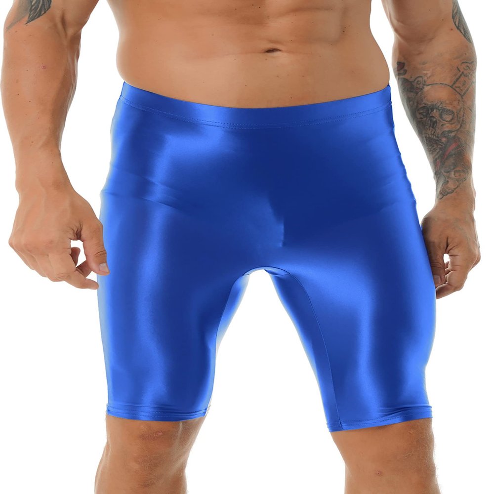 Hedmy Men's Glossy Yoga Shorts Stretchy High Waist Booty Shorts Boy Leg Outdoor Sports Tights Pants Blue X-Large