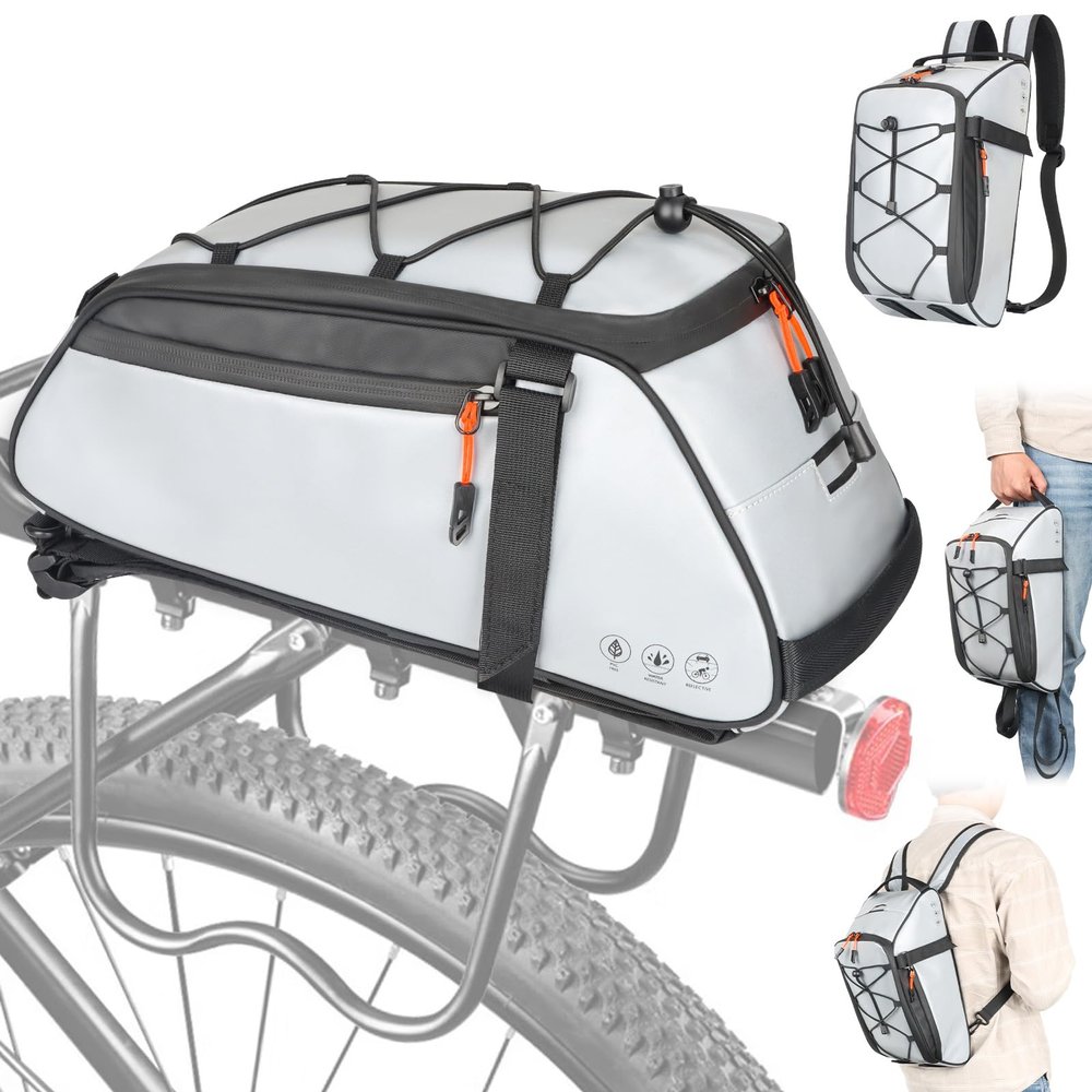 HuiJuKeJi Bike Trunk Bag 360 Reflective Bicycle Backpack 12L Rear Bike Cargo Rack Bags Storage Pannier Saddle Bag 3-in-1 Multifuction Waterproof Travel Accessories Expandable Luggage Trunk Bag