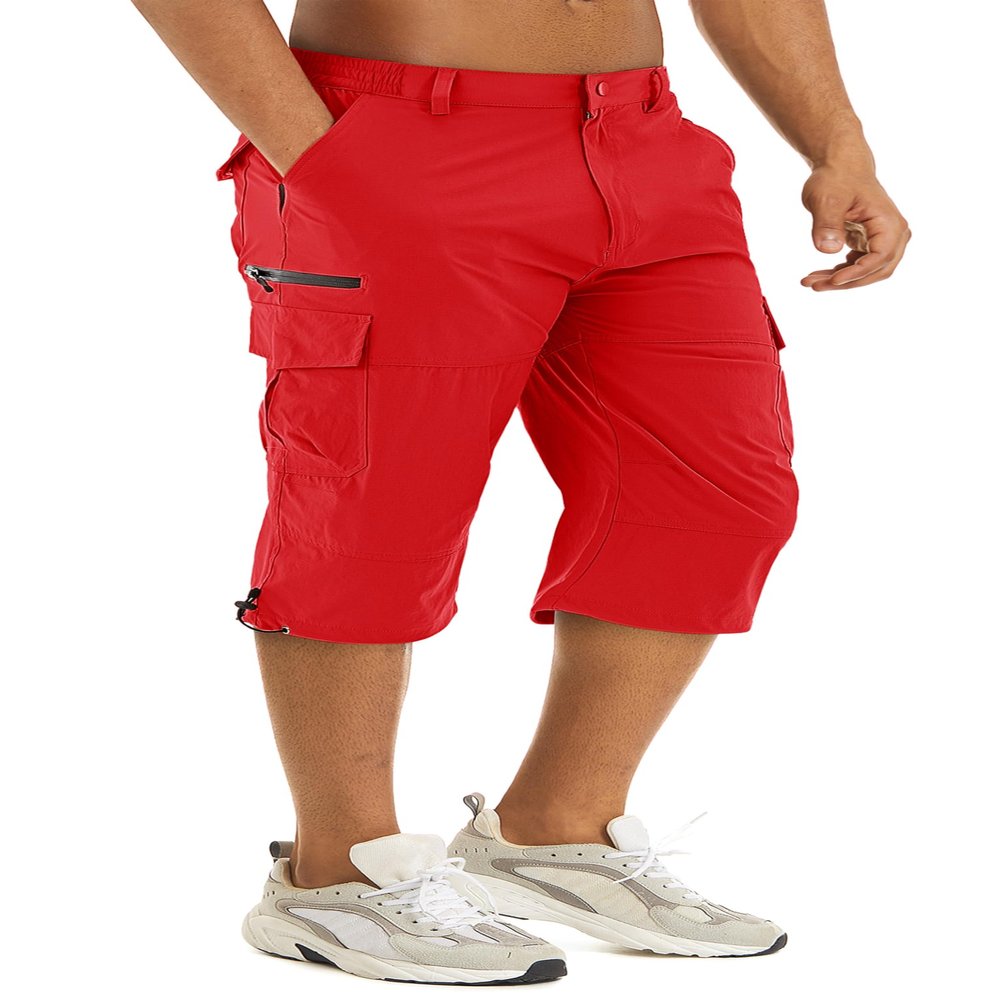 TACVASEN Mens Casual Shorts 3/4 Capri Pants Cargo Lightweight 7 Pockets Hiking Long Shorts Elastic Waist Quick Dry Summer Tomato Red