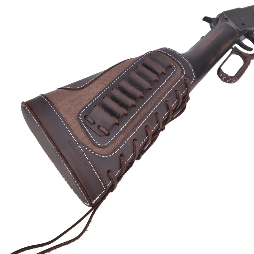 Genuine Leather Gun Shell Holder Buttstock, Canvas Recoil Pad Extension for Shotguns Rifles (Coffee(.357 .30-30 .38))