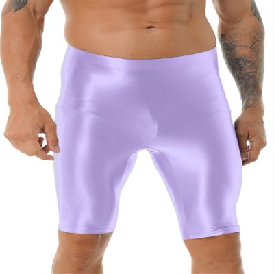 iiniim Men's Dry Fit Running Compression Tight Sport Short Pants Shiny Glossy Spandex Seamless Leggings Light Purple X-Large