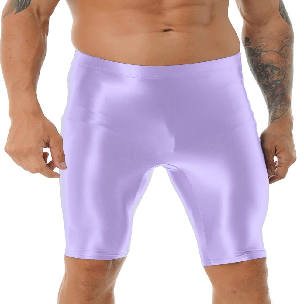 iiniim Men's Dry Fit Running Compression Tight Sport Short Pants Shiny Glossy Spandex Seamless Leggings Light Purple X-Large