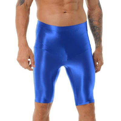 Oyolan Men Glossy Compression Shorts Dry Fit Workout Running Athletic Shorts High Waist Gym Tight Bottom Pants Blue X-Large