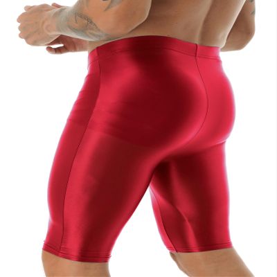 CHICTRY Mens Glossy High Waist Shorts Elastic Waistband Short Leggings Swimwear Workout Sports Bottoms Red Large