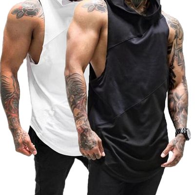 ZUEVI Men's Muscle Sleeveless Hoodies Gym Workout Hooded Bodybuilding Stringer Tank Tops 2 pack (Black&White-L)