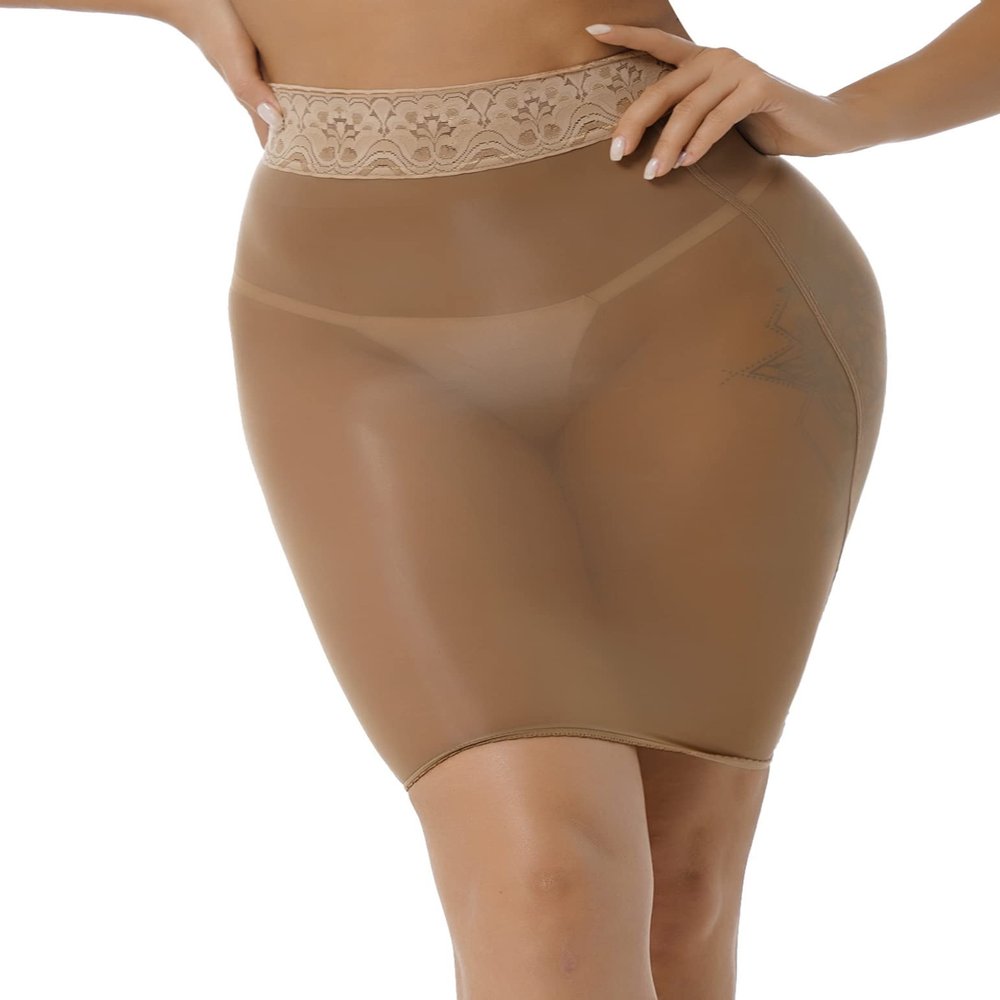 YOOJOO Womens Super Shiny Shaping Miniskirt High Waist Bodycon Oily Bright Shimmery Stockings Skirt Coffee One Size