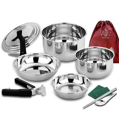 YYDS Outdoor Camping Camping Cookware Kit Nonstick Frying Pan Steamer Lightweight Pot Stainless Steel Family Campfire Hiking Camping Cooker Adventures Picnics (Size : Six-Piece Set(+Storage Bag))