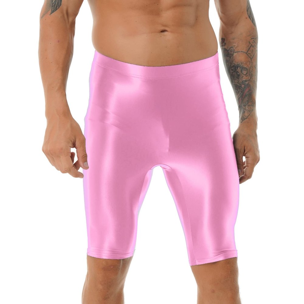 Oyolan Men Glossy Compression Shorts Dry Fit Workout Running Athletic Shorts High Waist Gym Tight Bottom Pants Pink X-Large