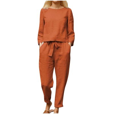 JOFOW Suit Outfits Polyester Solid Color Cotton Linen Street Girl Pantsuits for Women Work Casual (Orange, XXXL)