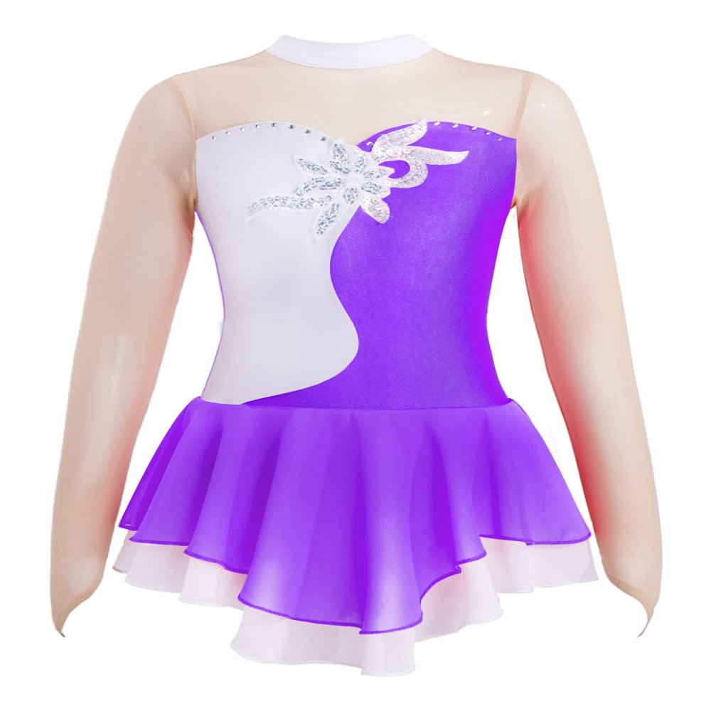 VernLan Girls Glittery Mesh Spliced Figure Ice Skating Dress Competition Dance Costumes Leotard Ballet Tutu Skirt Prune 14 Years