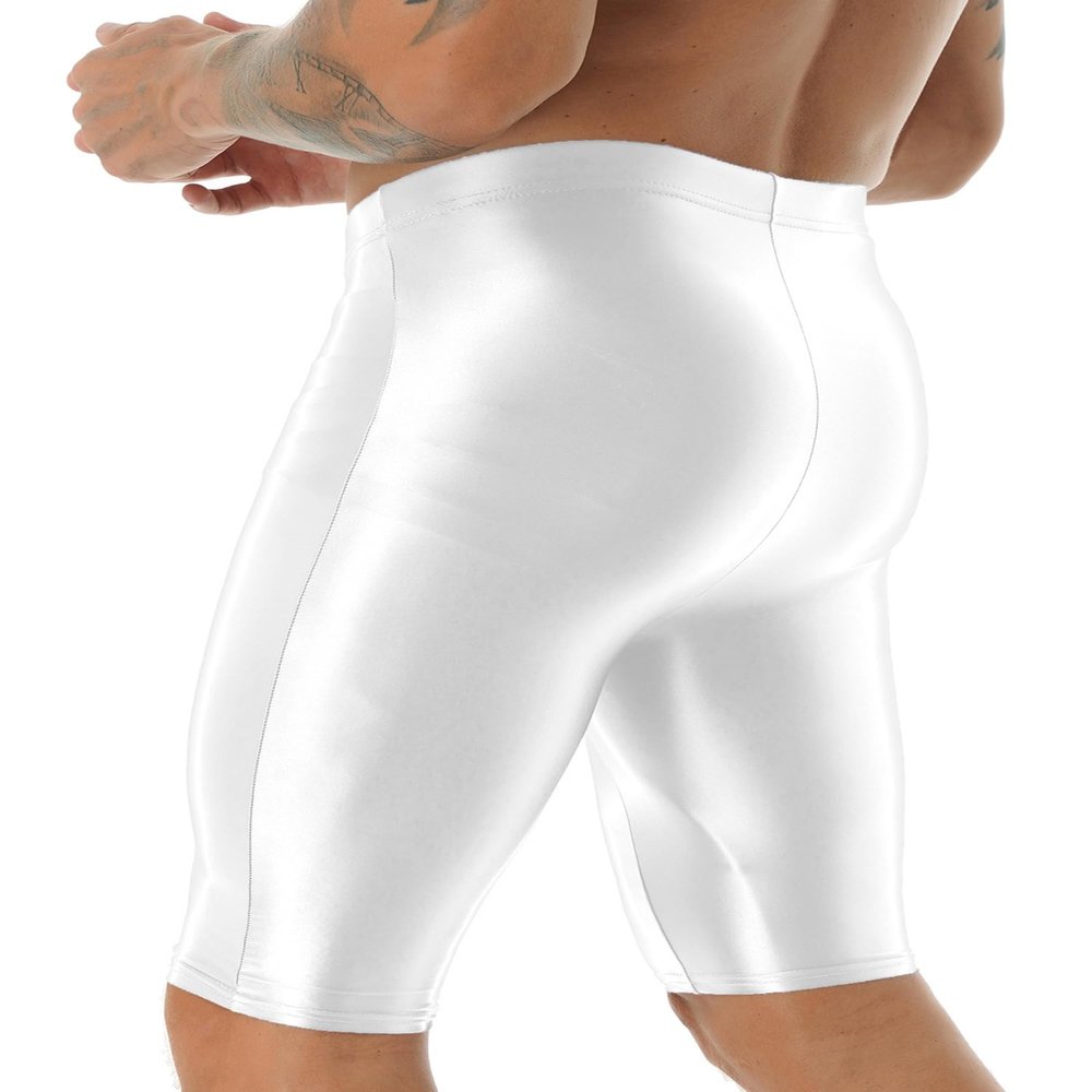 CHICTRY Mens Glossy High Waist Shorts Elastic Waistband Short Leggings Swimwear Workout Sports Bottoms White Medium