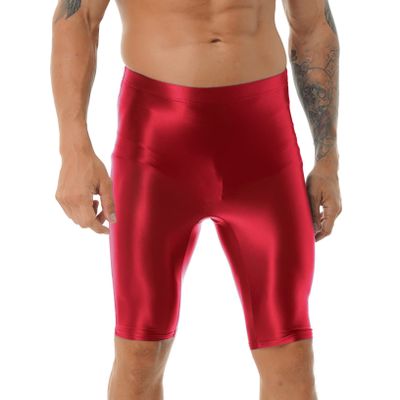 Oyolan Men Glossy Compression Shorts Dry Fit Workout Running Athletic Shorts High Waist Gym Tight Bottom Pants Red X-Large