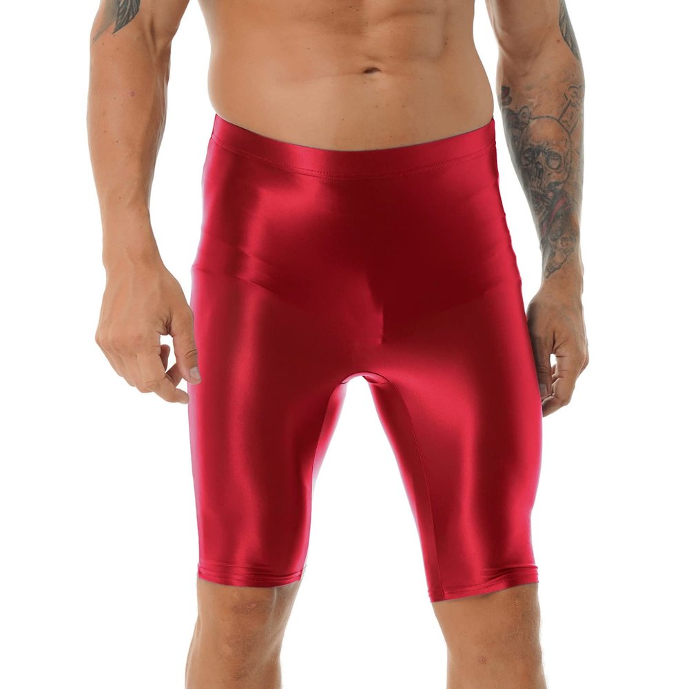 Oyolan Men Glossy Compression Shorts Dry Fit Workout Running Athletic Shorts High Waist Gym Tight Bottom Pants Red X-Large