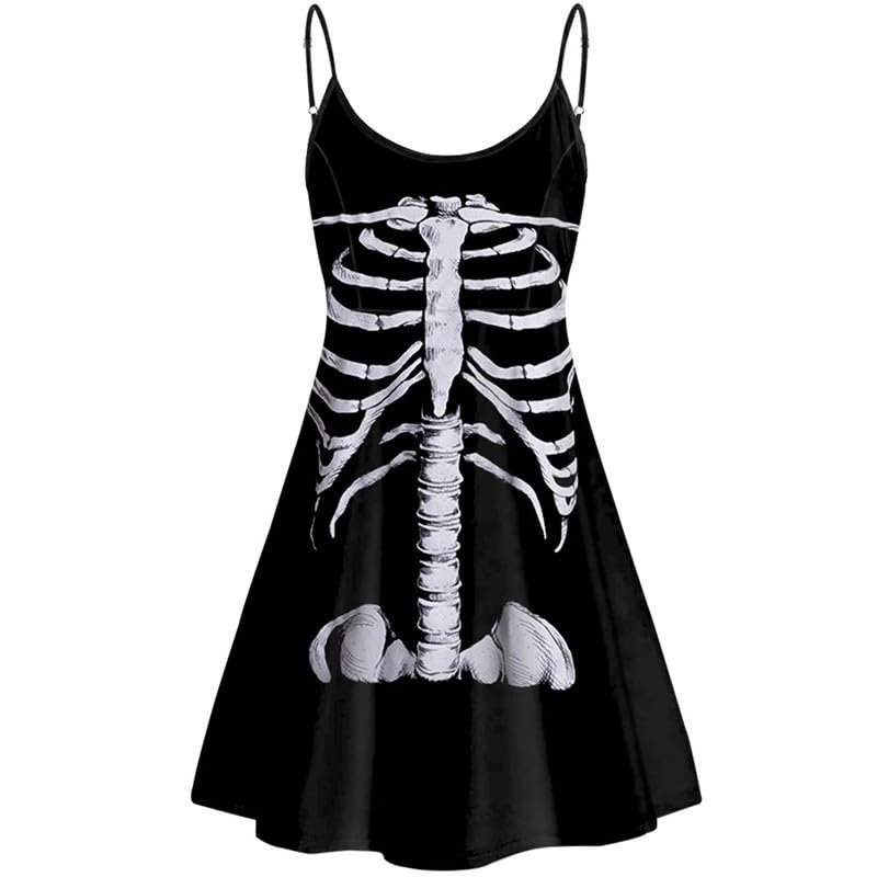 Frestree Skeleton Bones Print Halloween Dresses Sleeveless Summer Spaghetti Strap Satin Dress with Adjustable Shoulder Strappy