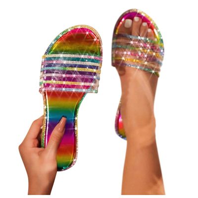 ZBYY Women's Open Toe Flat Sandals Rhinestone Glitter Bling Casual Fashion Slippers Beach Indoor Outdoor Slides