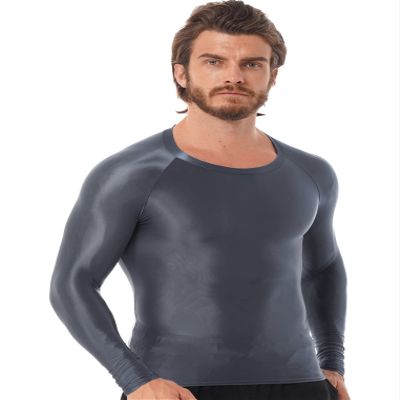 Oyolan Men's Glossy O Neck Long Sleeve Compression Baselayer Athletic Workout T Shirts Slim Fit Tops Sportwear Grey Large