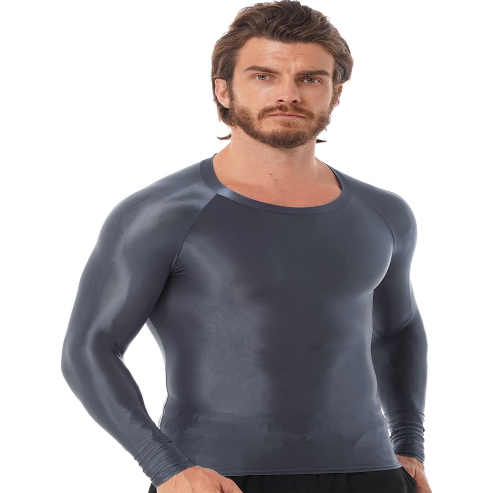 Oyolan Men's Glossy O Neck Long Sleeve Compression Baselayer Athletic Workout T Shirts Slim Fit Tops Sportwear Grey Large