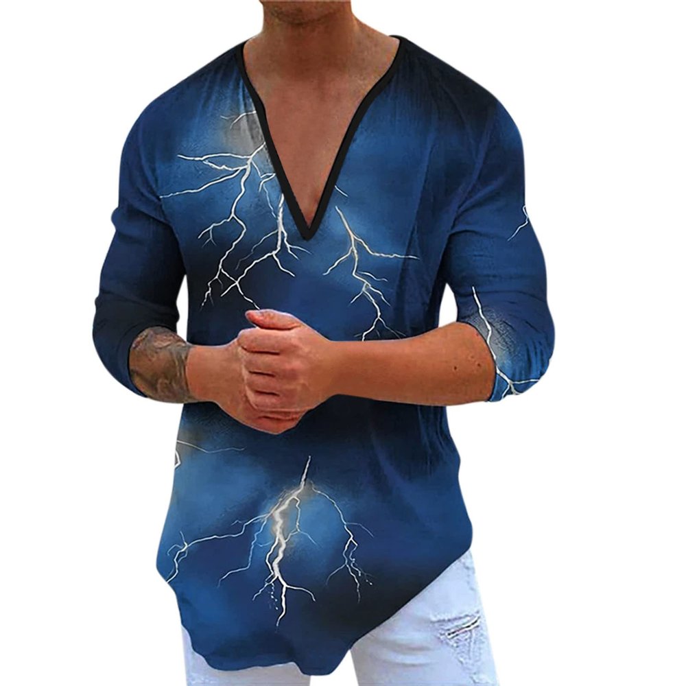 Mens Long Sleeve Shirts for Summer Vintage Graphic Printed T-Shirts V Neck Loose Baggy Big and Tall Casual Tee Shirt Tops A-Dark Blue