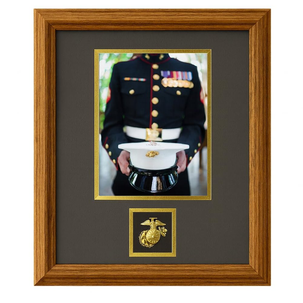 Northern Promotions Marine Corps Graduation Gift 8x10 Display with 5x7 Opening and USMC Emblem Oak Picture Frame, Dark Gray Mat with Gold Trim - Ideal for Boot Camp Tribute Retirement