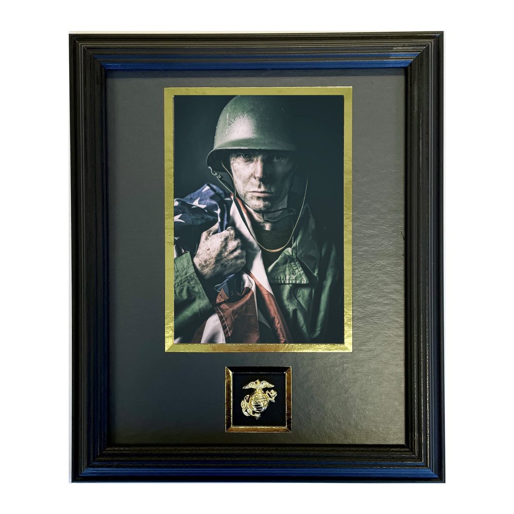 Northern Promotions USMC Veteran Gift 8x10 Display for 5x7 Military Photo with Gold Marine Emblem Black Frame, Dark Gray Mat with Gold Trim - Perfect for Graduation Retirement or Memorial Display