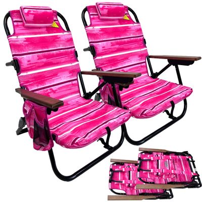 Backpack Beach Chair - 5 Positions and Lays Flat - Deluxe Wood Arm Rests - Cup Holder Storage Pouch on Side - Padded Pillow - Storage Bag on Back - Lightweight Rustproof Aluminum - 2 Pack Pink Stripes