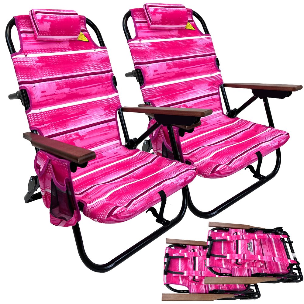 Backpack Beach Chair - 5 Positions and Lays Flat - Deluxe Wood Arm Rests - Cup Holder Storage Pouch on Side - Padded Pillow - Storage Bag on Back - Lightweight Rustproof Aluminum - 2 Pack Pink Stripes