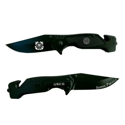 Military Gift Shop Coast Guard Black Stealth Folding Tactical Elite Knife - Spring Assisted USCG Black Rescue Knife - Coast Guard Black Knife