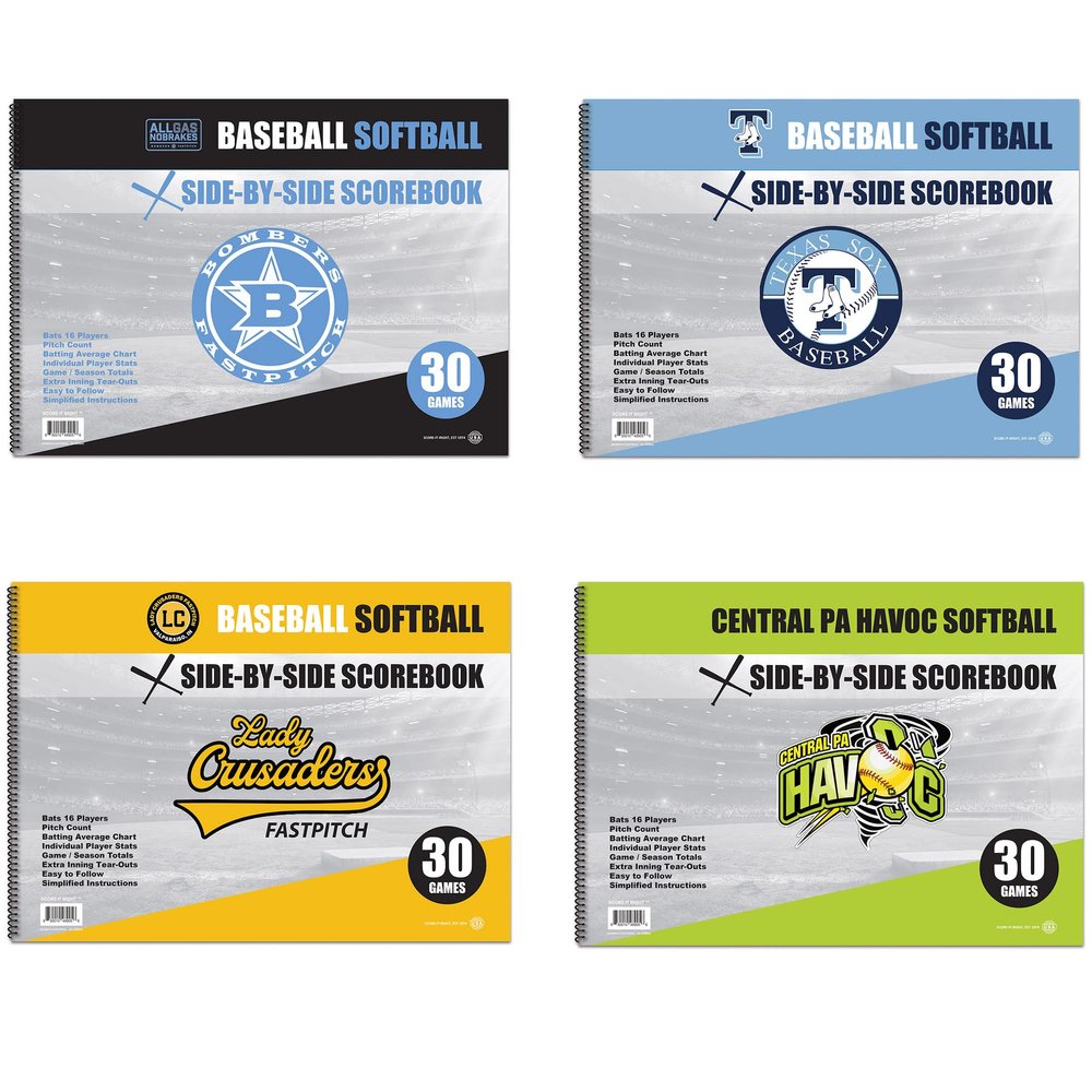 Score It Right - Customized Side by Side Baseball/Softball Scorebook  Premium Score Keeping Book  16 Player - 30 Game Scorebook with Pitch Count, Individual Player Stats, Batting Average Chart