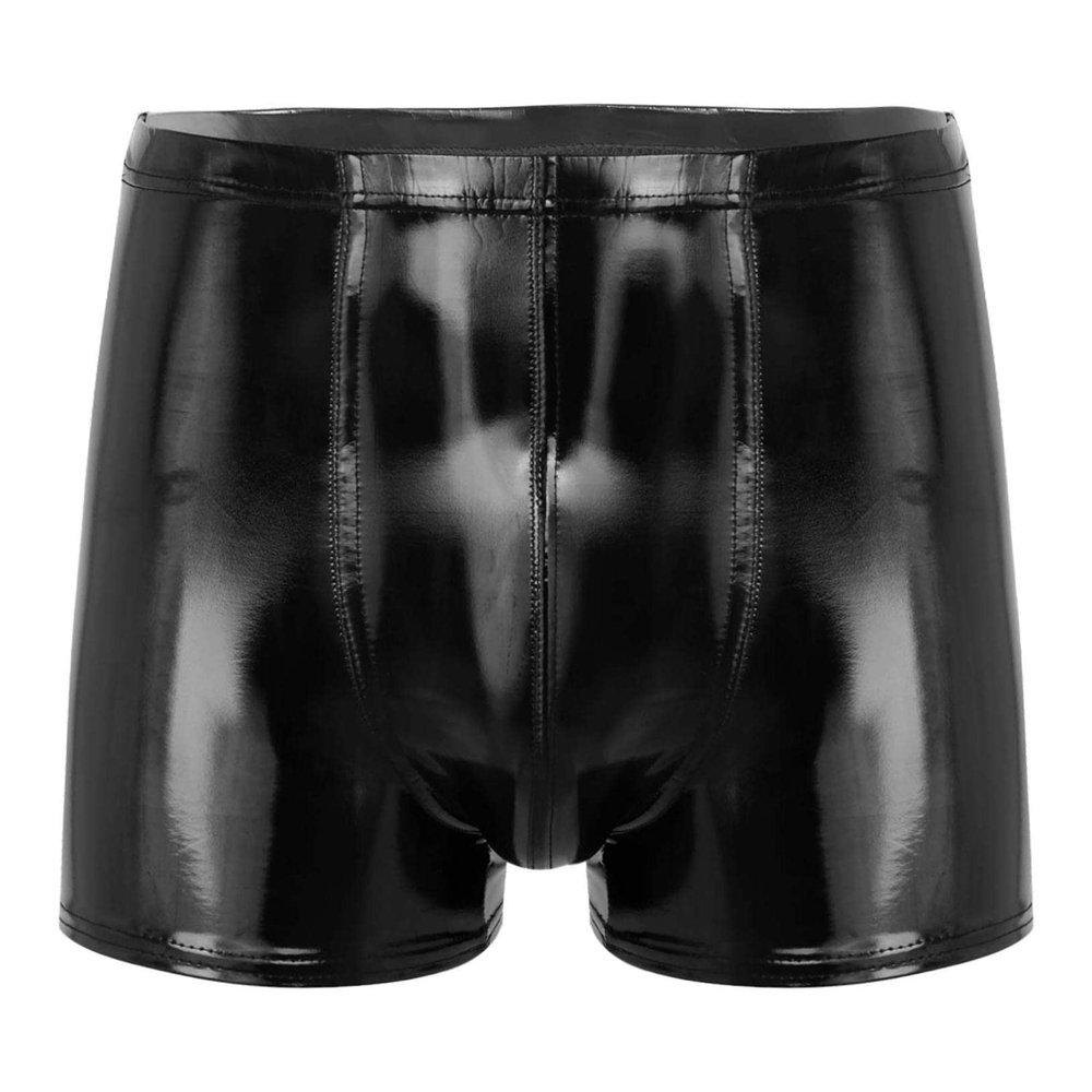 Freebily Men's Wet Look Latex PVC Leather Shorts Bulge Pouch Boxer Brief Clubwear Hot Pants Black&Wetlook Large