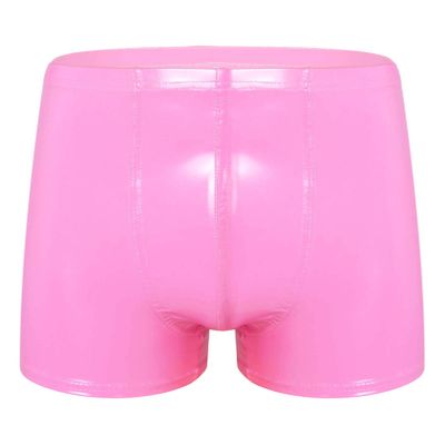 Freebily Men's Wet Look Latex PVC Leather Shorts Bulge Pouch Boxer Brief Clubwear Hot Pants Hot Pink Medium
