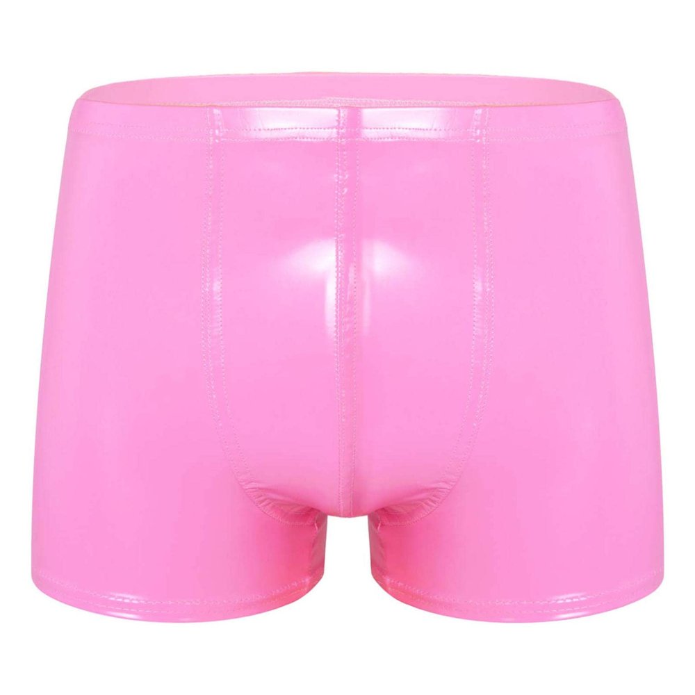 Freebily Men's Wet Look Latex PVC Leather Shorts Bulge Pouch Boxer Brief Clubwear Hot Pants Hot Pink Medium
